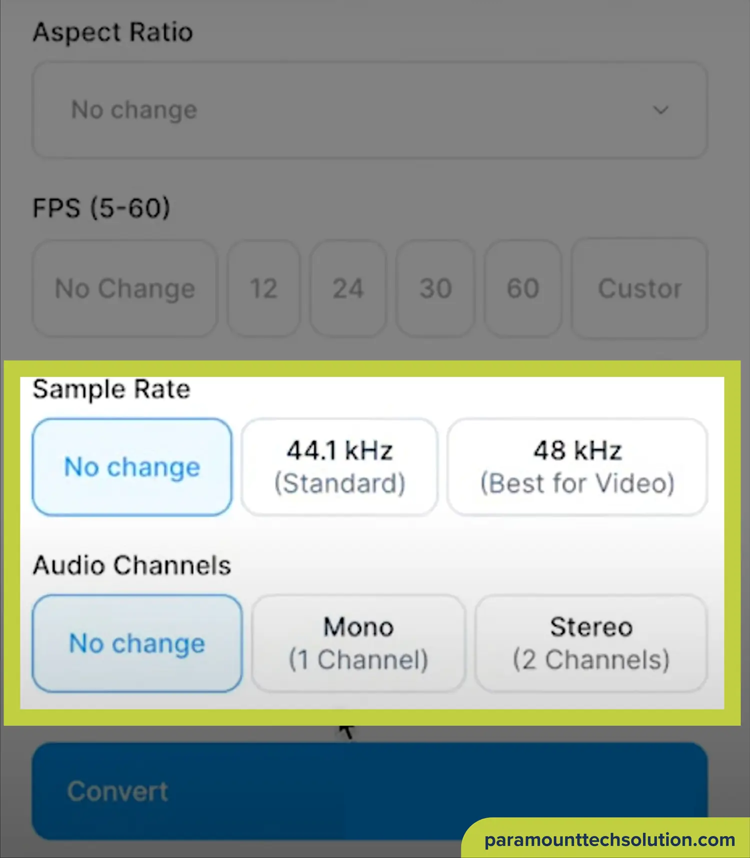 Additional option in veed.io including sample ratio and the audio channel to be used after converting the video into mp3