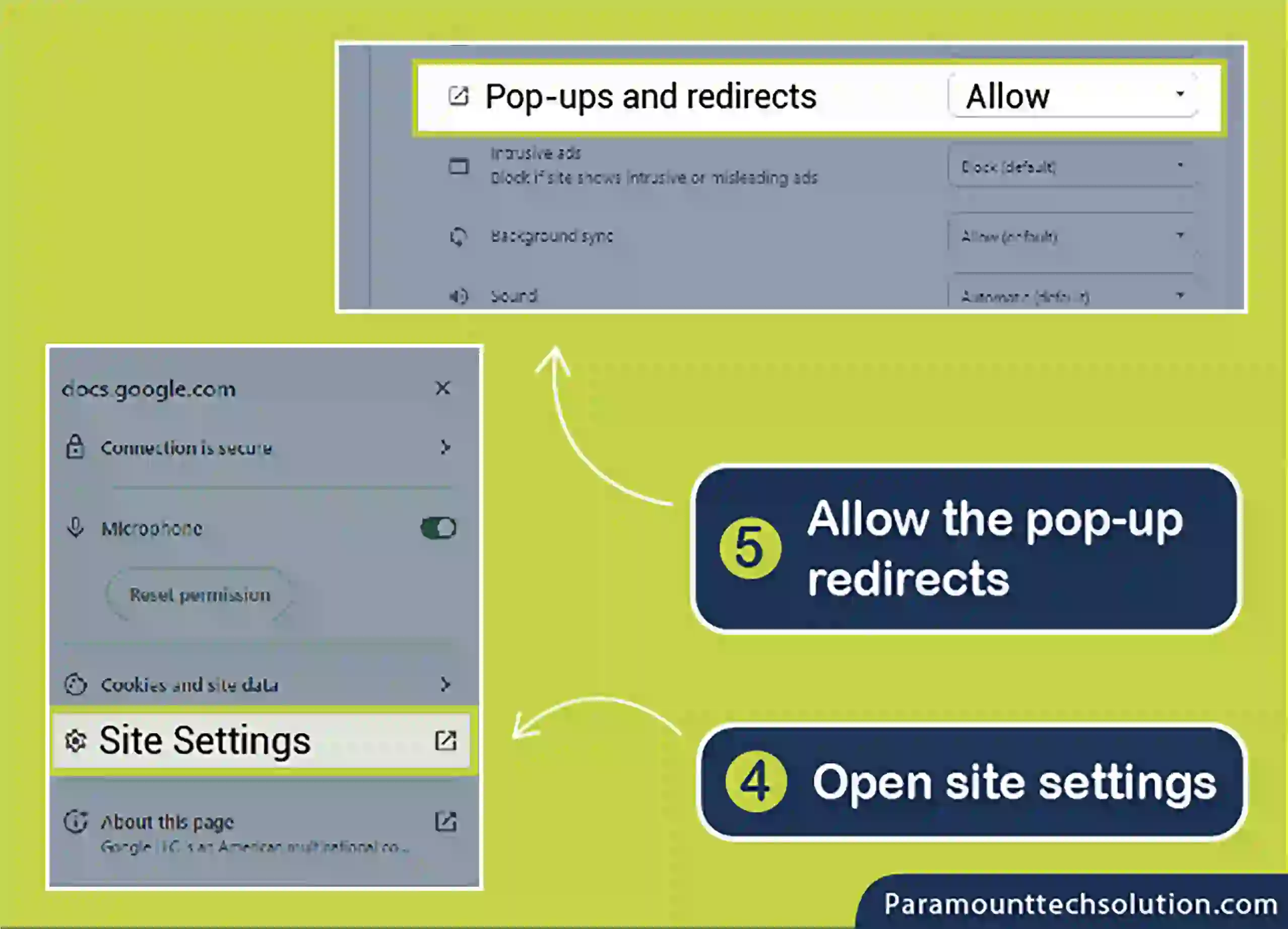 Open site settings Allow the pop-up redirects for disable pop up blocker