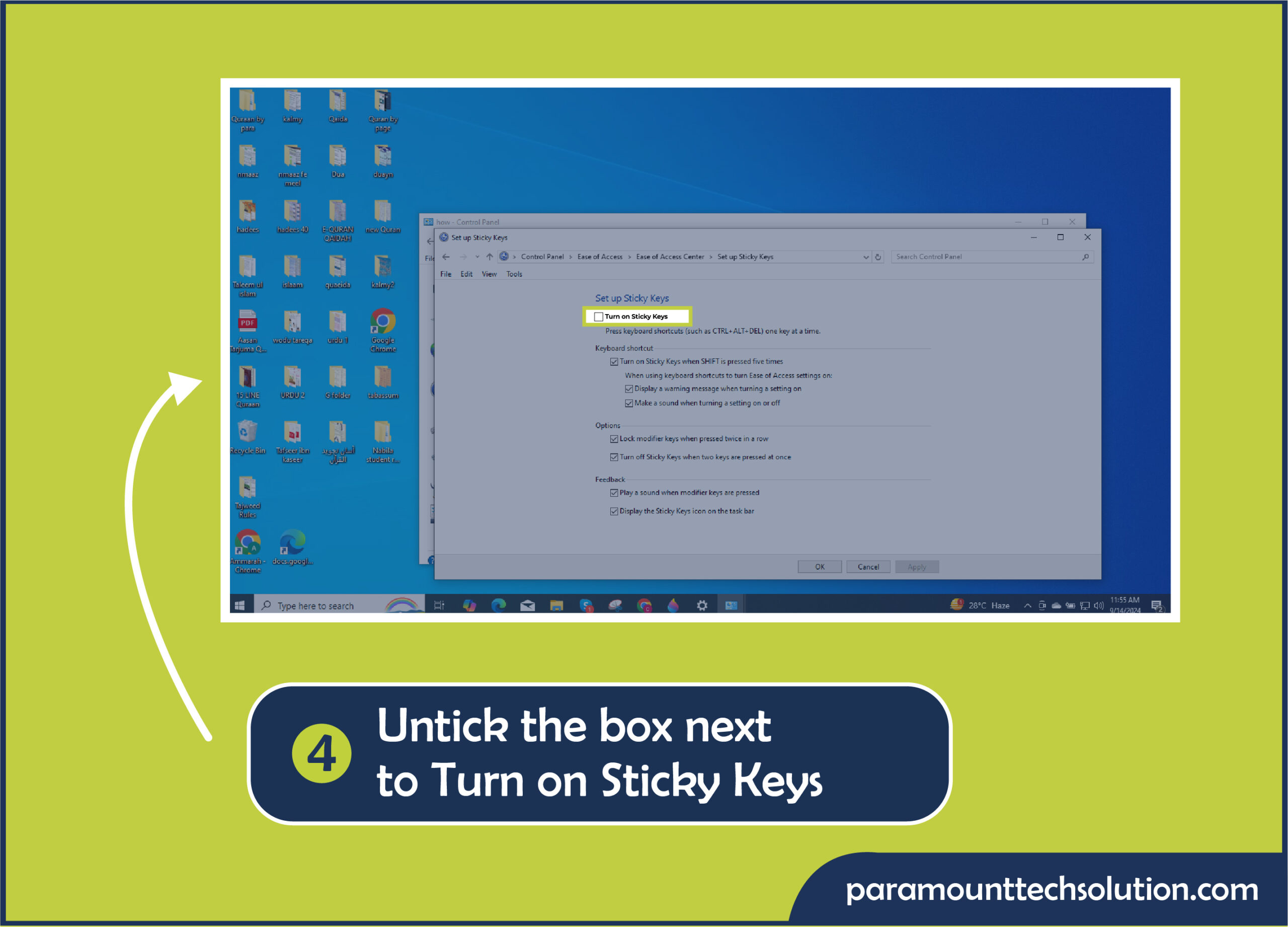 Untick the box next to Turn on Sticky keys when shift is pressed five times and tap Ok and turn off sticky keys.