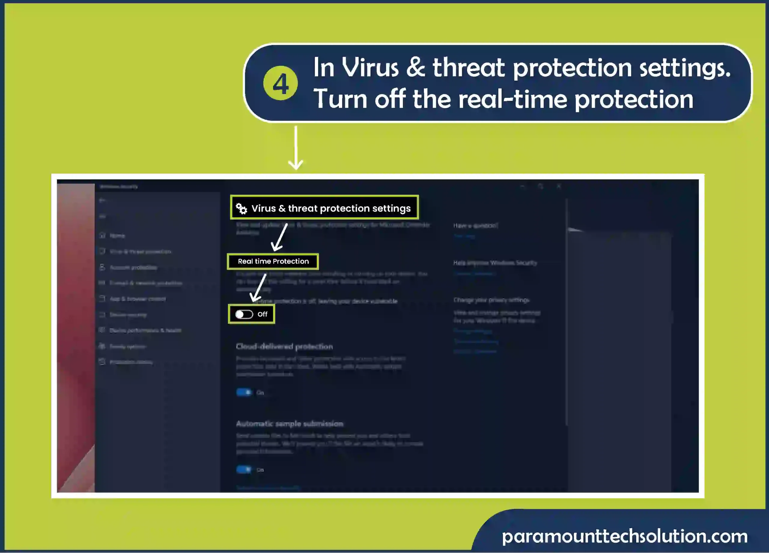 Step 4: In Virus & threat protection settings. Turn off the real-time protection