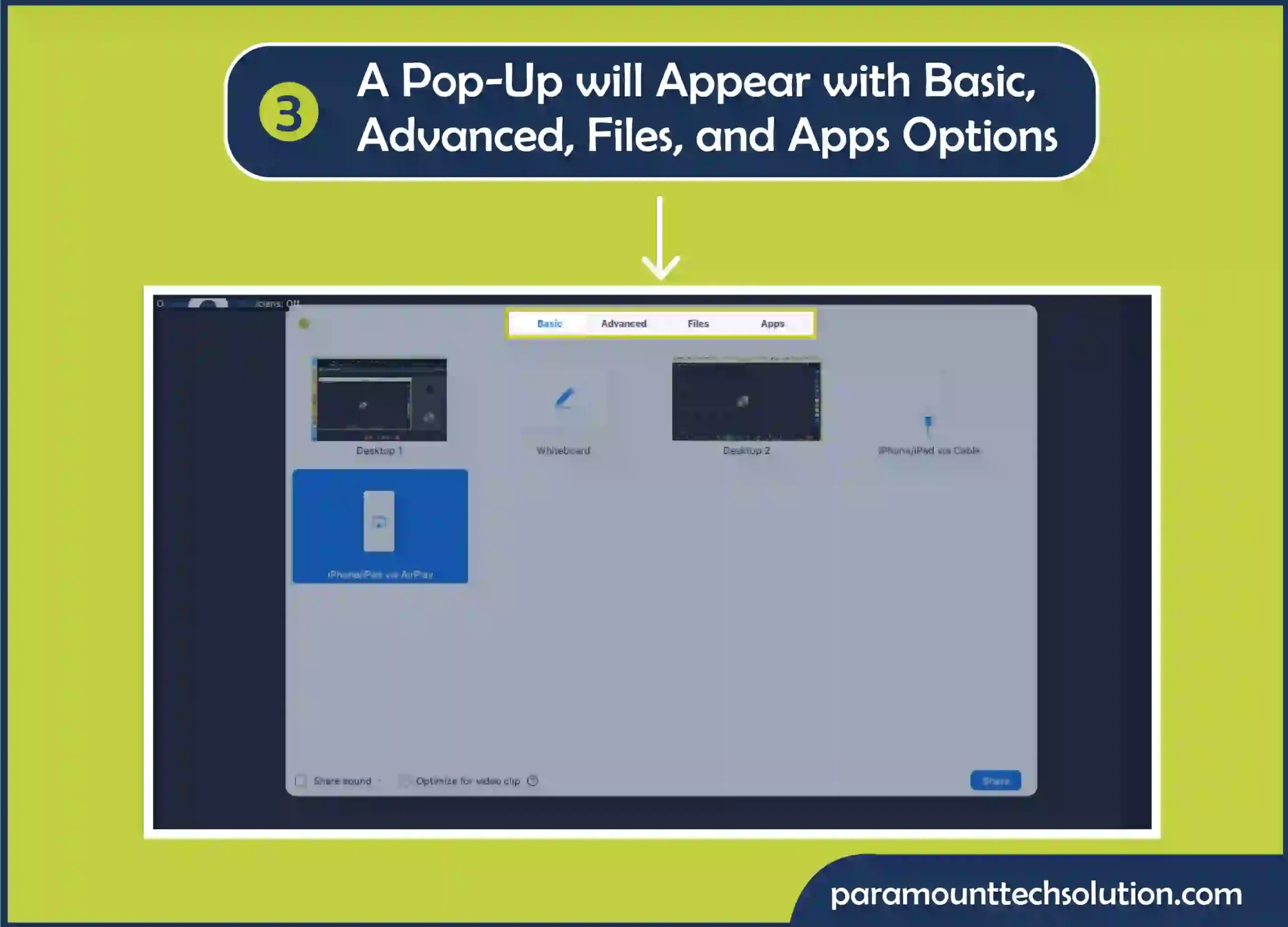 after Zoom meeting controls A pop-up will appear with Basic, Advanced, Files, and Apps options.