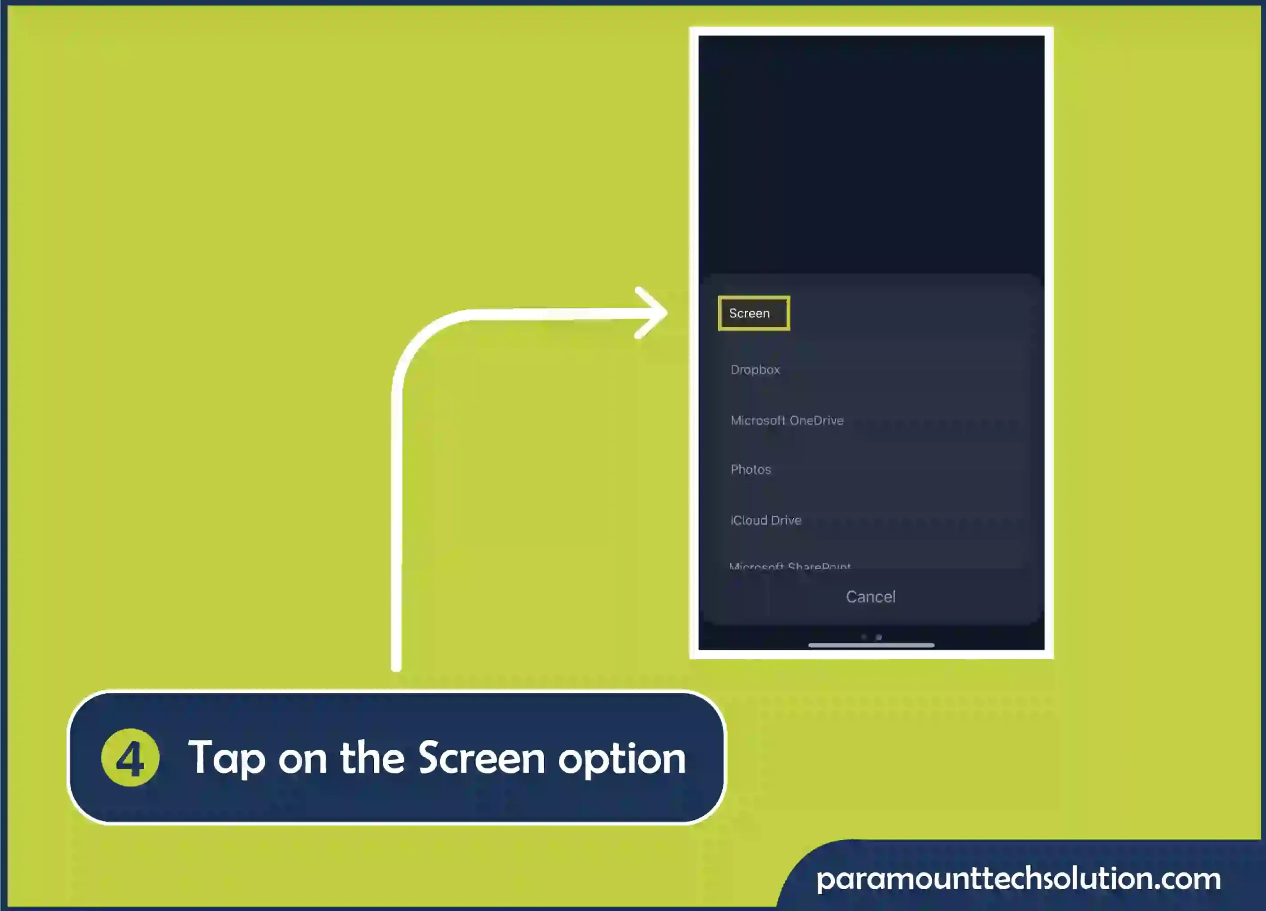 To enable the zoom screen sharing on iphone vIn the menu, tap on the Screen option.